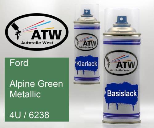 Ford, Alpine Green Metallic, 4U / 6238: 400ml Sprühdose + 400ml Klarlack - Set, von ATW Autoteile West.